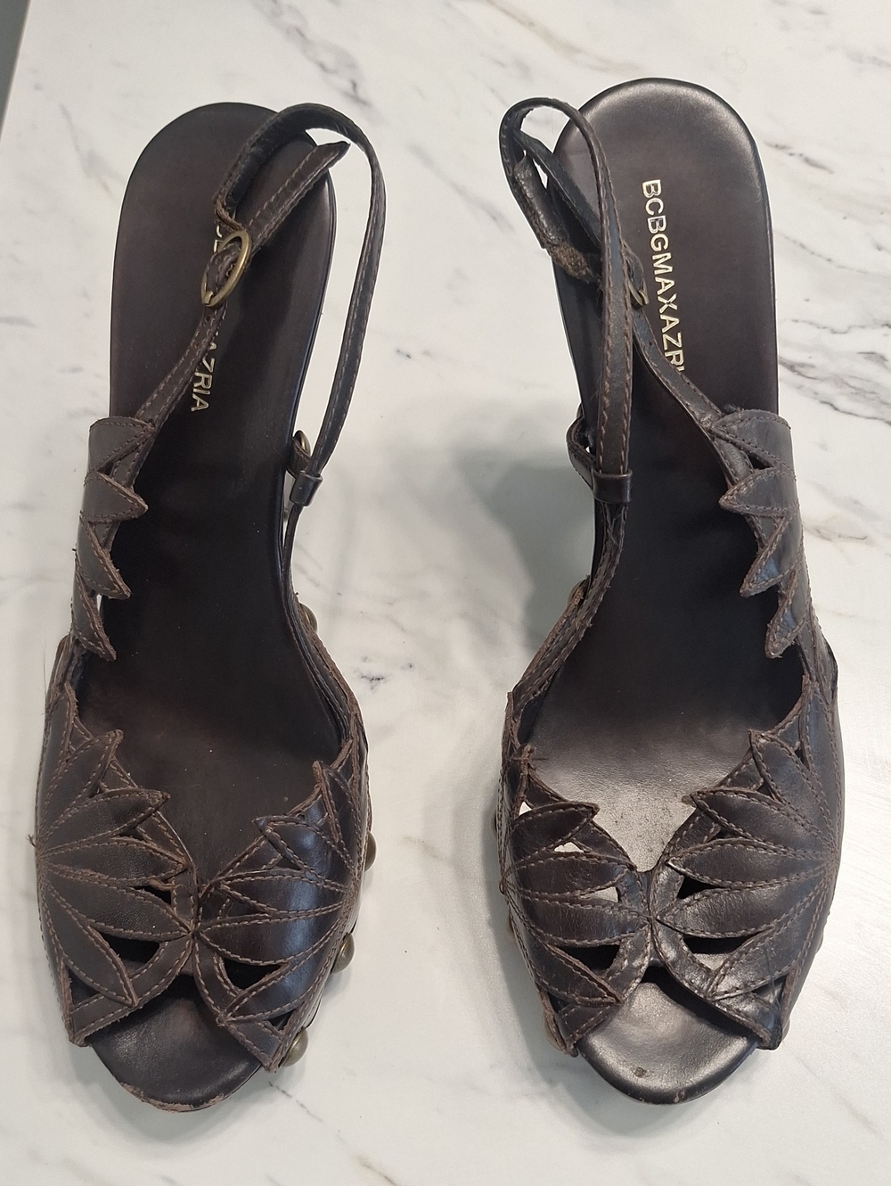 BCBGMaxAzria Dark Brown Leather Peep-Toe Slingback Heels